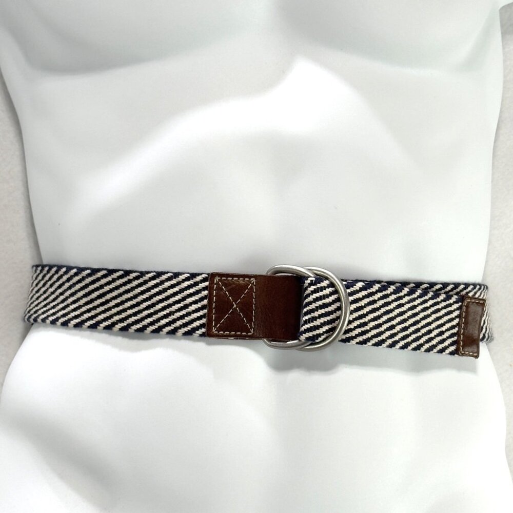 CREMIEUX Striped Navy & White Canvas Belt Leather Accents Double D-Ring Buckle